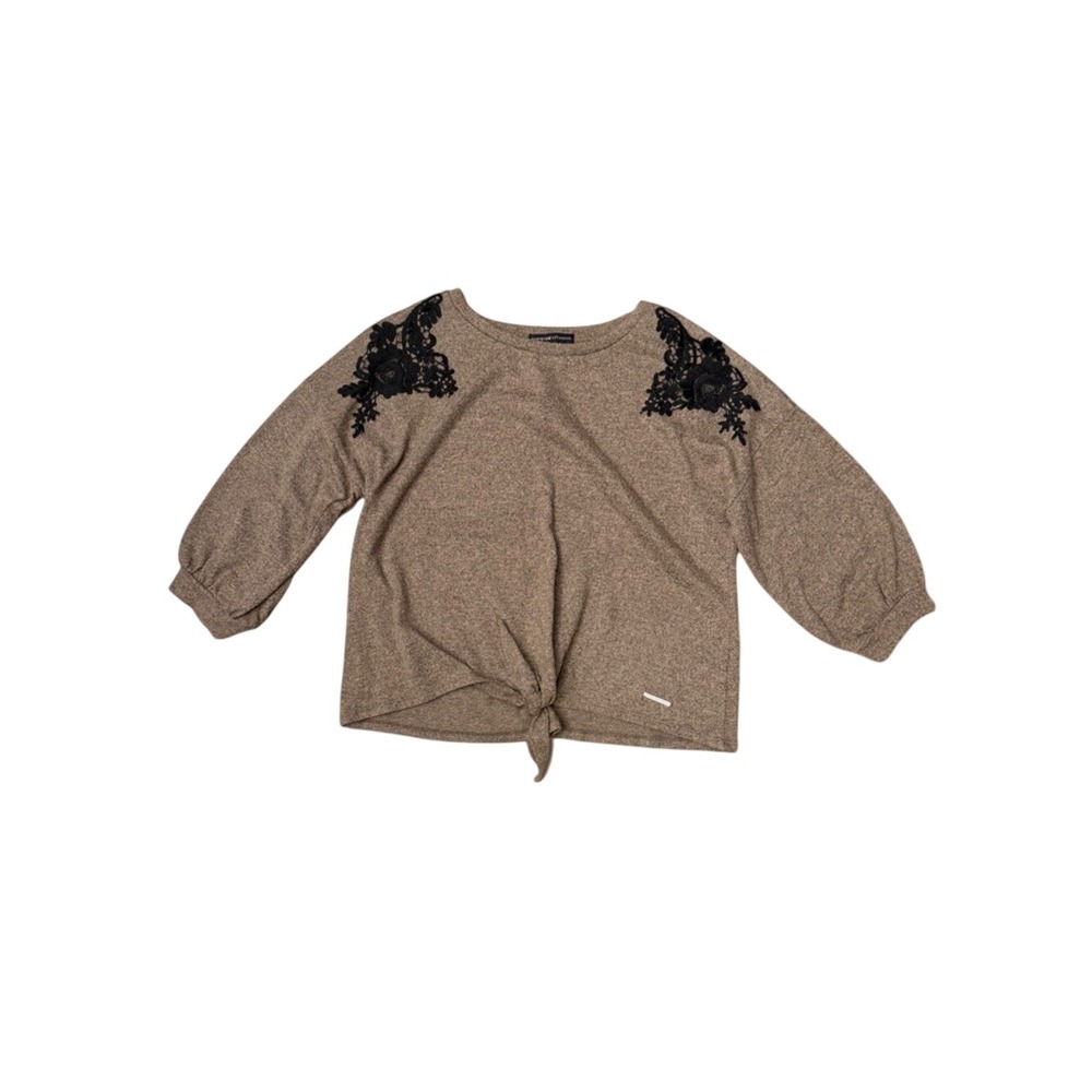 Adrienne‎ Vittadini Tie Front Knit Top Women's Large Embroidered Lace Lagenlook